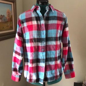 Multicolor plaid flannel shirt.